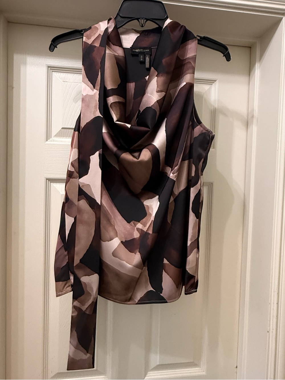 Donna Karan Brown & Black Abstract Satin Blouse